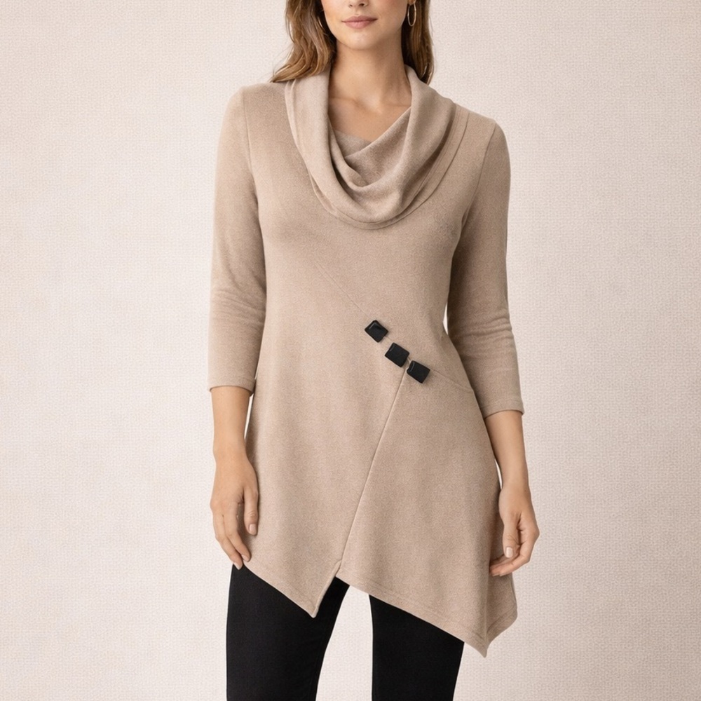 Yushi tan cowl neck tunic 3/4 sleeve asymmetrical Size S